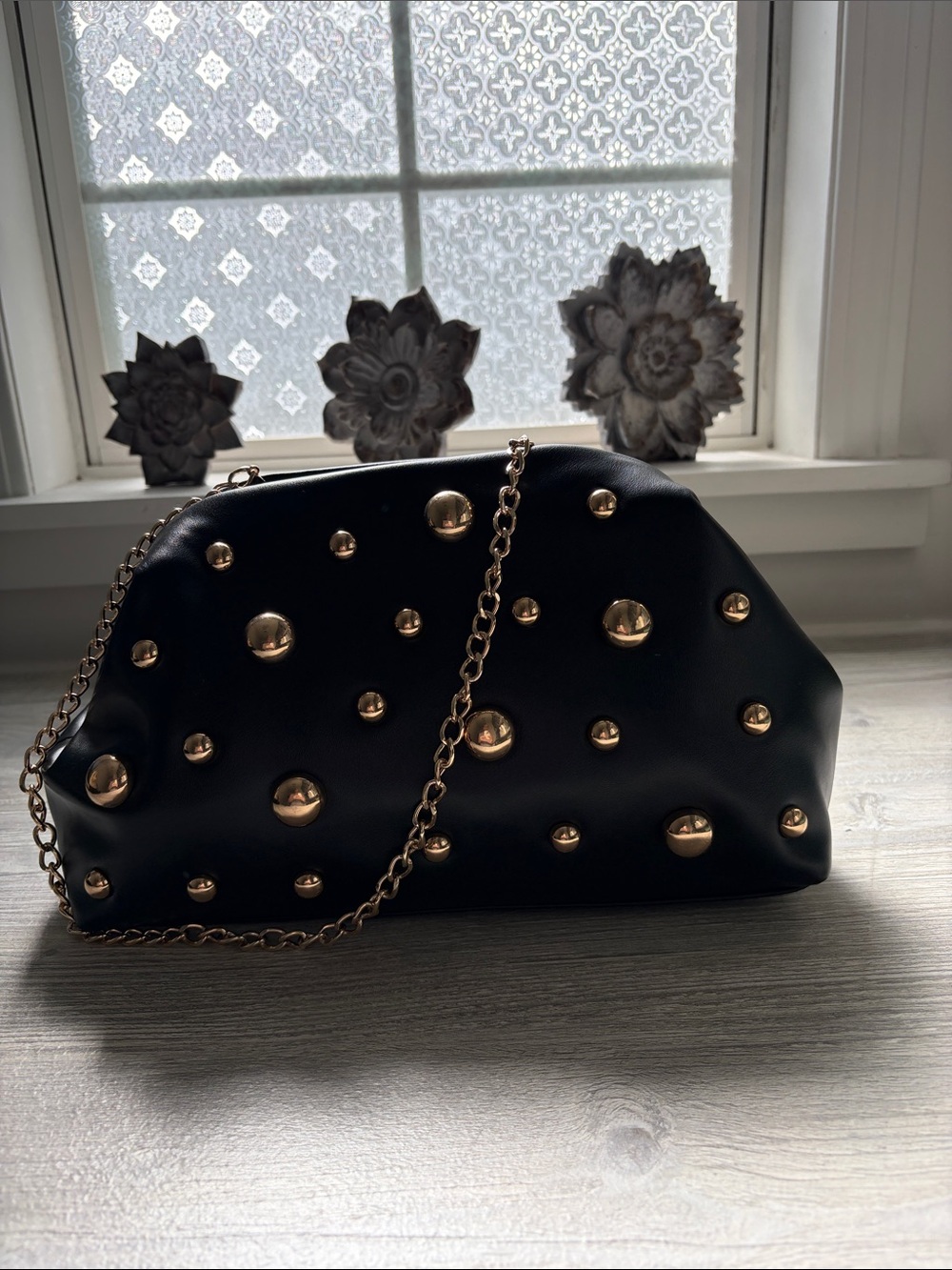 a new day Black Clutch with Gold Studs and Chain